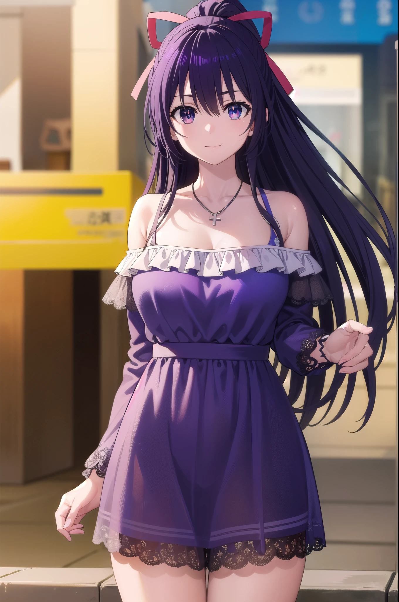 tohkayatogami, tohka yatogami casual, long hair, purple hair, alluringly smile, one piece dress, black dress, cold shoulder, off shoulder, cross neck bra string, lace dress, see through, lace sleeve, long sleeves, necklace, ribbon , (purple eyes:1.1), hair ribbon, ponytail, purple hair, white ribbon,g cup breasts, plump butt,
BREAK ,
BREAK outdoors, city, people, crowd, sky, clouds, sun, blue sky,
BREAK looking at viewer, (cowboy shot:1.5),
BREAK (masterpiece:1.2), best quality, high resolution, unity 8k wallpaper, (illustration:0.8), (beautiful detailed eyes:1.6), extremely detailed face, perfect lighting, extremely detailed CG, (perfect hands, perfect anatomy),