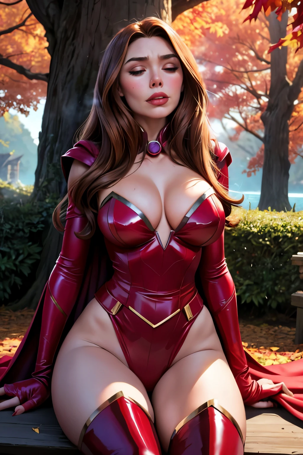 ((highest quality)), ((masterpiece)), (be familiar with), ((Elizabeth Olsen)), ((SCARLET WITCH)), perfect face、Precise、(Accurate hand and finger depiction)、(Accurate lip drawing)、(Accurate tongue depiction)、 scarlet witch woman、long hair、beautiful nails、black nail polish、eye shadow、red cloak、red knee high boots、(sitting:1.2)、(tired:1.3)、eyes closed、(Sighing)、(sweating:1.1)、plump body、big breasts、cleavage、constricted waist、big ass、Glamorous、glamorous、 cinematic, (Complex:1.4), low contrast、side lighting, best shadow, (In the dim autumn sea of trees)、wood々surrounded by、(地面は紅葉樹海落ち葉とwoodの根に覆われている)、(steam:1.3)