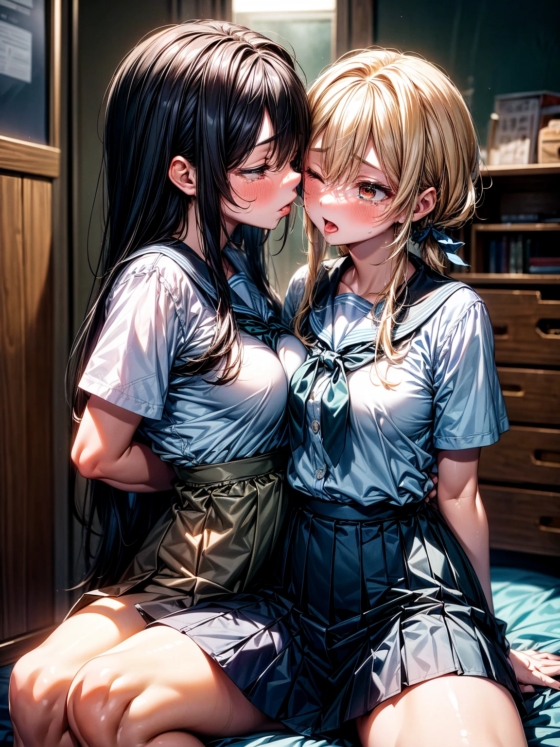 (masterpiece, highest quality:1.2)、(NSFW)、2 girls、(kiss)、(high school uniform)、(eyes half closed)、(large tears)、(lots of drool)、The body shakes violently、((Hasselblad Photos))、[:(detailed face:1.2):0.2]、