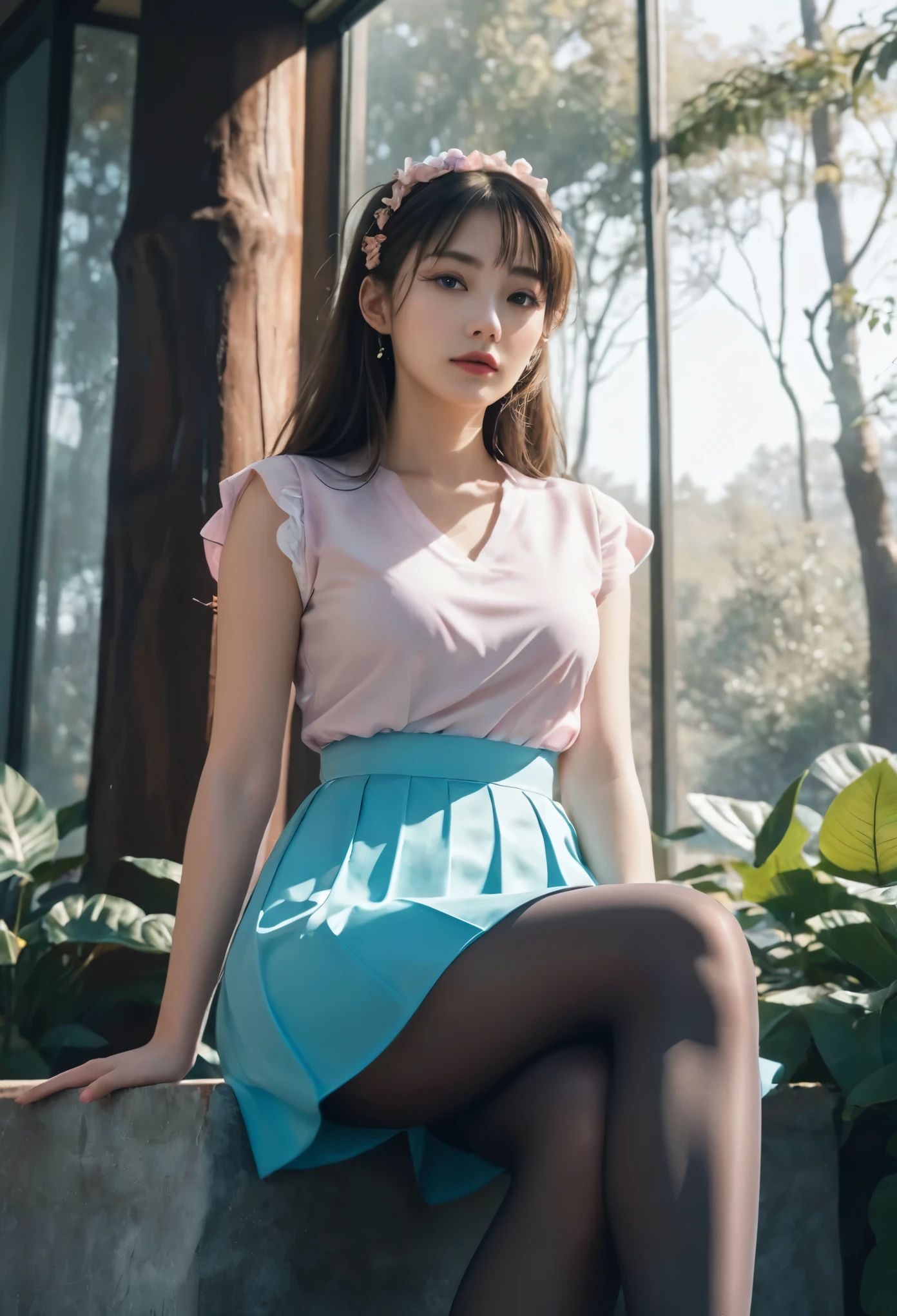 (whole body:1.5)，(1 woman:1.3),(View viewer:1.4)，(anatomy correct:1.4),(sitting in the forest:1.2),(wearing school style dress:1.2),(opaque pantyhose:1.3),( women&#39;s thick pointed heels :1.1)，((Purplish color | Blue color | in pink | gray |white color  |black | Orange color | coloring | turquoise color | Gold | khaki | salmon color):1.2),(precise and perfect face:1.3),(long legs:1.3),hyper hd, ray tracing, reflected light， structurally correct, Awards, high detail, Brighten the shade contrast, face lighting ，movie lights, masterpiece, super detailing, high quality, high detail, best quality, 16,000，high contrast,