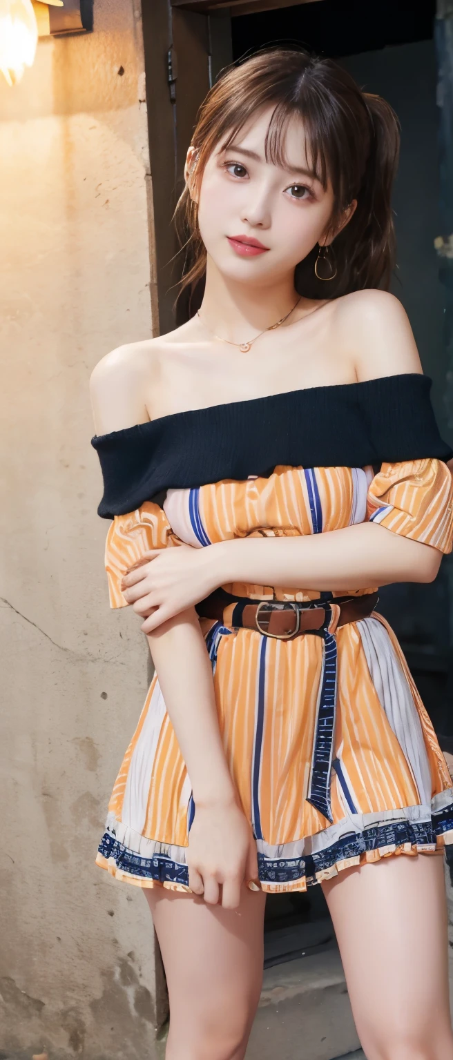 Fairy tale pop idol girl、、Orange striped mini dress(off shoulder)、、、good style、whole body、、shiny belt、、Light Brown Ponytail、