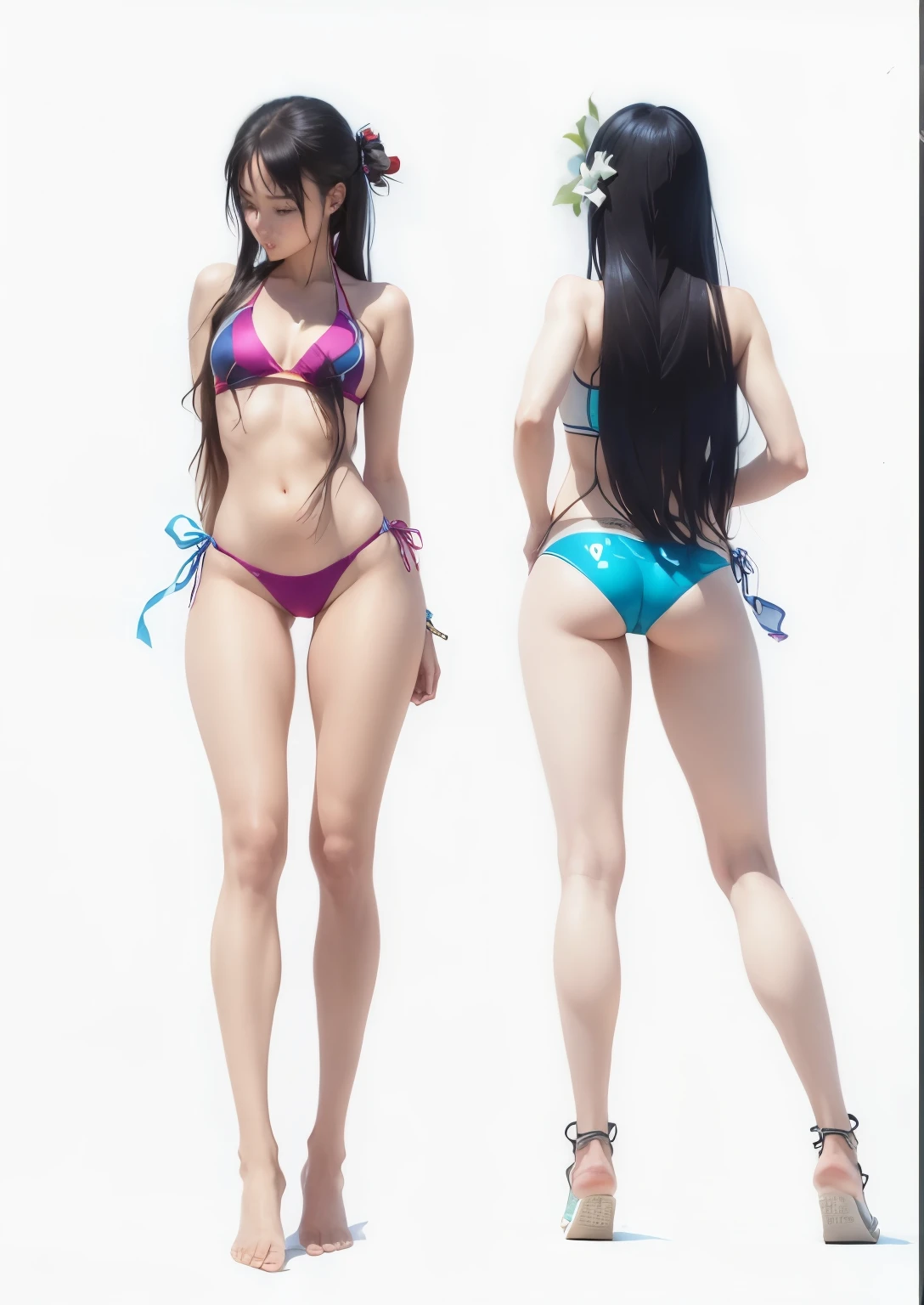a drawing of two women in bikinis with long hair, wearing a swimsuit, whole body concept, anime whole body illustration, 动漫女人whole body艺术, whole body xianxia, realistic ??????, Nico Robin, whole body illustration, whole body!!, 《Steins;Gate》Mayuri Shiina in, One ride and one boat, clothing: ??????，Good looking girl