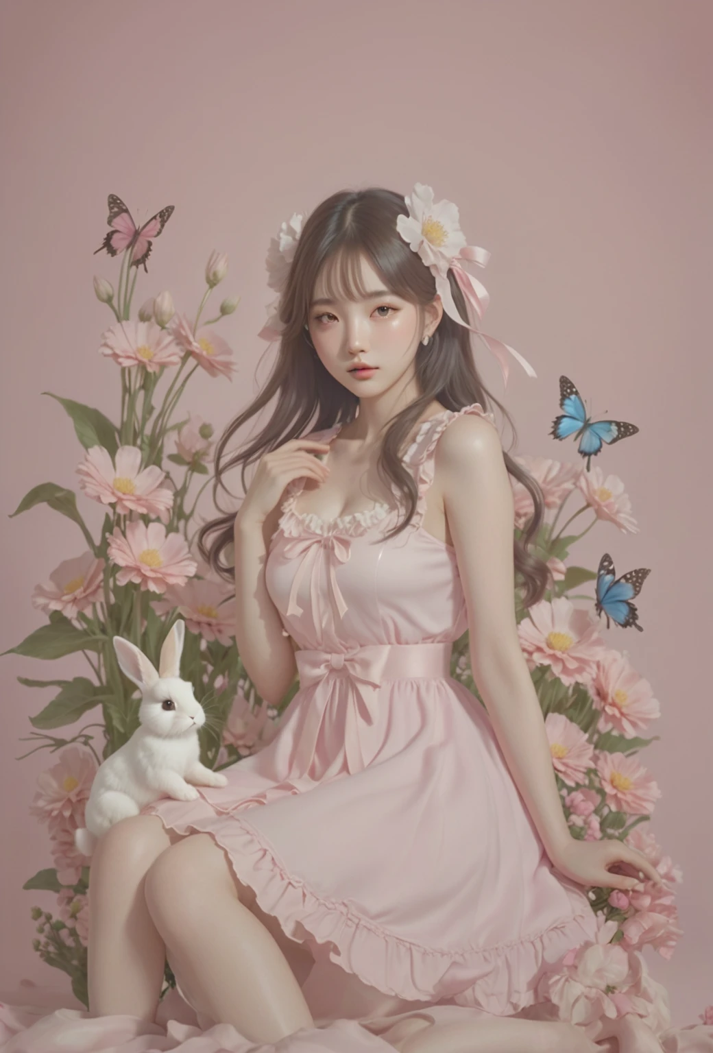 Arape girl sitting in a flower field wearing a pink dress, ultrarealistic sweet bunny girl, 🌺 CG Society, fairy core, Guweizu, Exciting and cute aesthetics, Pink pastels, artwork in the style of Guweizu, bunny girl, soft anime illustration,  dressed up, pastel pink, april&#39;s rendering, Cute realistic portrait, natural fingers