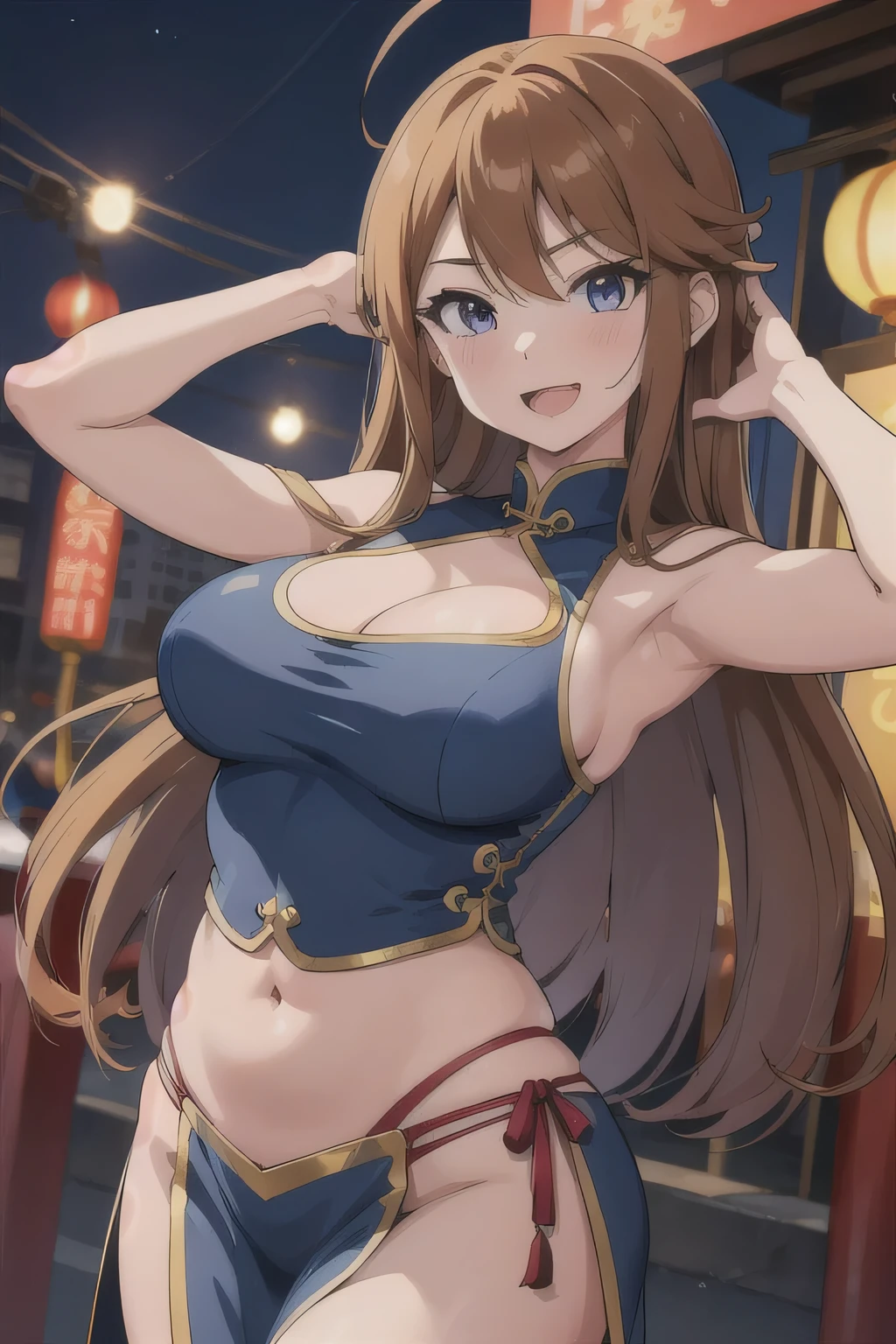 (masterpiece, best quality, ultra detailed), (perfect face, detailed face), (detailed background, complex background:1.2), full-face blush, smile, looking at viewers,
megumi tokoro,  long hair, 
masterpiece, best quality, highly detailed, a anime girls in china dress with navel cutout holding a gun
posing for a picture, navel cutout, crop top, china dress, ecchi anime style, evil smile, open mouth,
smile, anime girls, ecchi style, ecchi, digital anime art!!, in anime style, official artwork, (nsfw) not safe
for work, beautiful anime girl, anime style 4 k, pelvic curtain, exposed belly, exposed navel, exposed
midriff, exposed lower belly, holding a gun, chinatown, outdoor,street,road