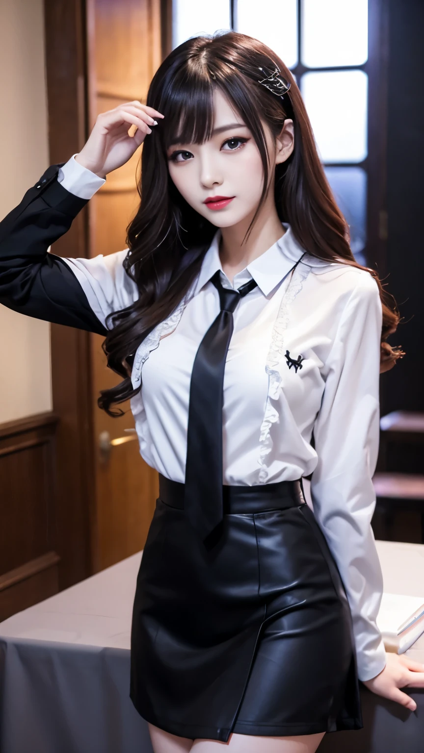 ltra-detailed、Japanese、attractive beauty、seductive adult woman、pretty woman、piercing eyes、cool girl、wavy hair、swept bangs、Female student、suit、Jacket、shirt、ribbon、blouse、Tight Skirt、pantyhose、beautiful feet、Evil cadres、evil depravity、brainwash、mind control、lipstick、smirk、dark makeup、hollow eyes,half-closed eyes、Evil expression、evil、empty eyes、evil、church at night、vampire、succubus、vampire、Swear allegiance、stand、
