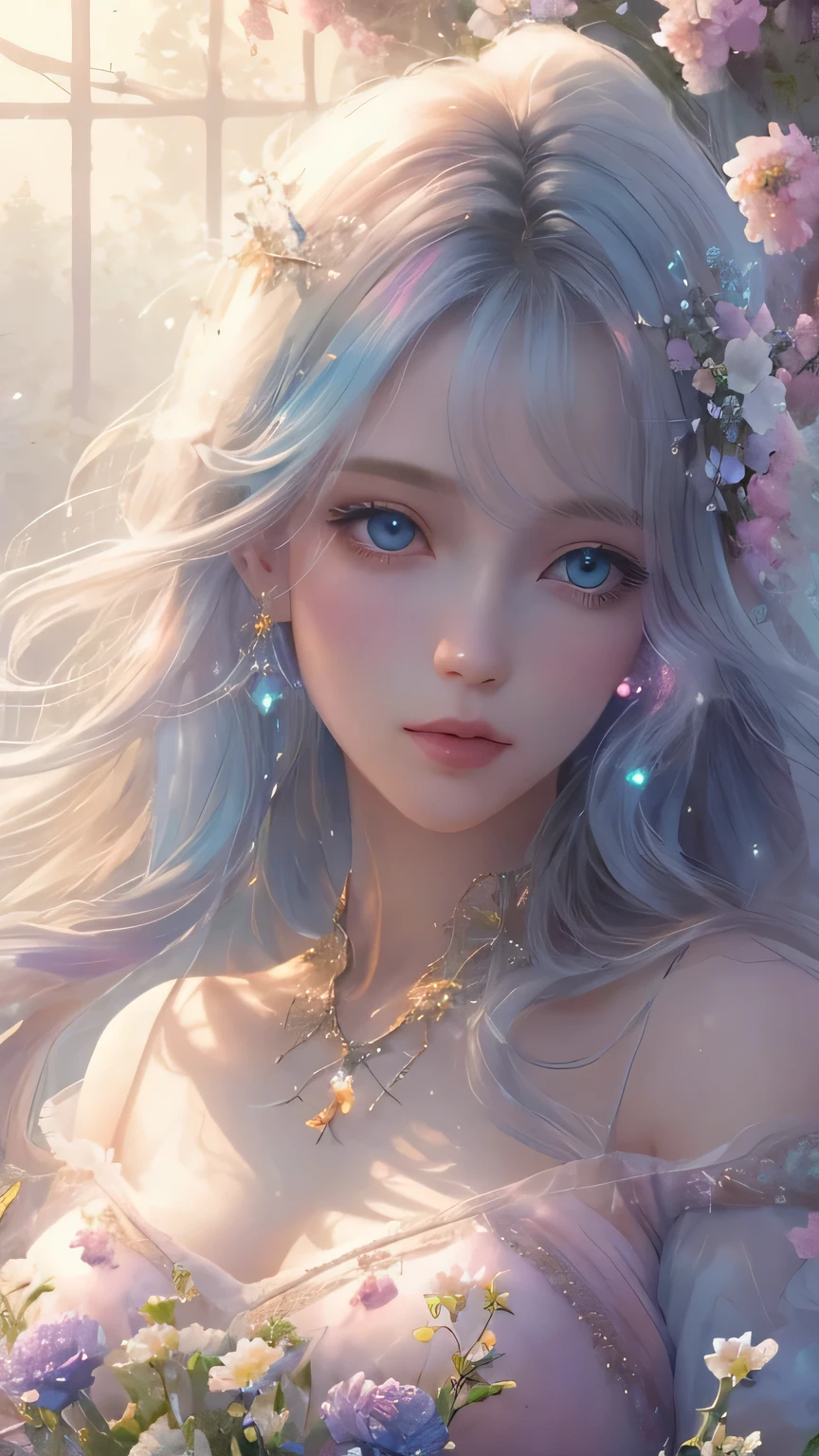 (high quality, 8K), (soft light), iridescent, a girl, Detailed face, narrow eyes, watercolor paiting, So magical and dreamy, Dreamy and detailed, dreamy atmosphereとドラマ, gorgeous atmosphere, dreamy beautiful lights, dreamy atmosphere, beautiful atmosphere, dreamy and romantic, Dreamy fantasy theme, magical atmosphere, beautiful atmosphere, anime background art, magical atmosphere + on the table, Dreamy aesthetics, Exquisite details and grandeur, many flowers, bubble, water, garden