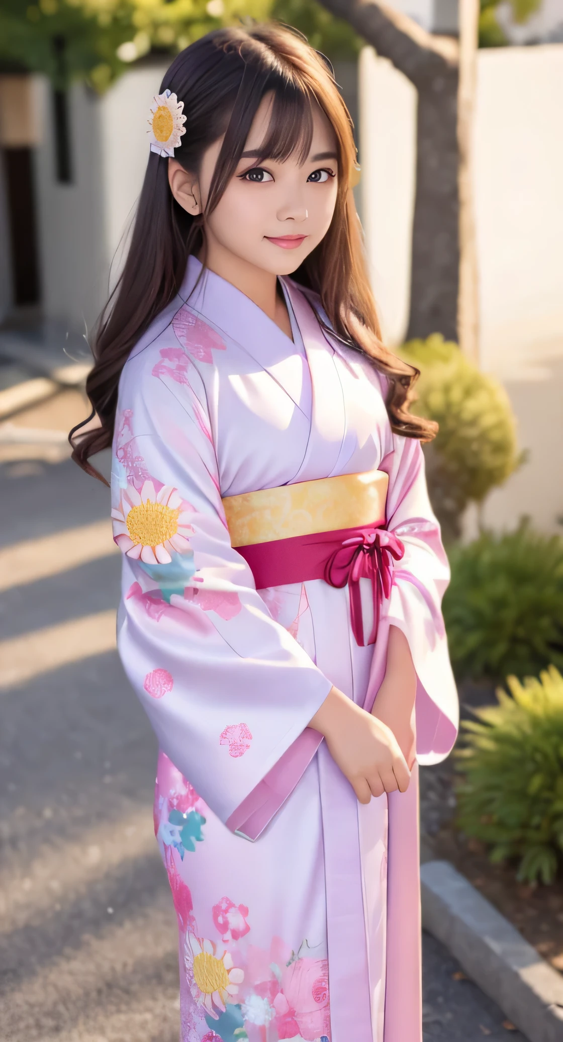 Angelic very beautiful cute young girl,
Beautiful detailed eyes, (12 yo:1.3),
Detailed double eyelids,
(Soft Saturation: 1.3),
(Fair skin: 1.3),v-line jaw,
(Large eyes:1.4),
Long straight brown hair,
see-through bangs,
Sharp Focus,
beautiful detailed face and eyes,
drooping eyes,
small straight nose,
small mouth,
happy smiling with visible teeth, 85mm lens, F/8.0,BREAK (Super gorgeous flashy colored long sleeves kimono:1.5), (beautiful chrysanthemum pattern furisode:1.3) , Walking,Brown hair ,(Costumes with strong reflective surfaces:1.3),
(Best Quality:1.2),
Raw photo,
High resolution,
perfect detail,
Professional Photography,
Professional Lighting,
Powerful lighting of the costume,In the street