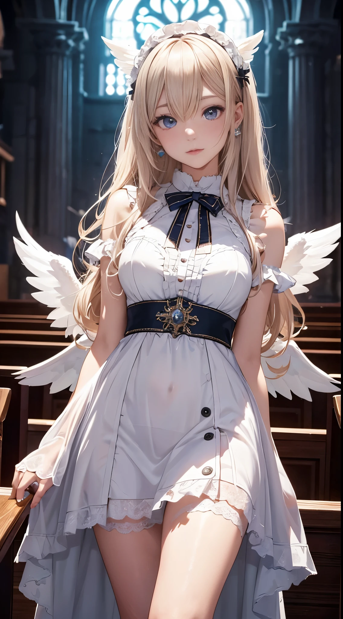 (8K,Best picture quality:1.2),(tmasterpiece:1.37),(photore,realisticlying:1.37),(ultra high resolution),realisticlying,photographed,((Beautiful facial features)),Glowing eyes,A half body,ta costume,huge lim body,(the angel's wings),undergarments,belly-bar,Korea(High quality background inside ruined church empty at night) , (high detal) , movie lighting,Clear eyes,Clear nose,Clear lips