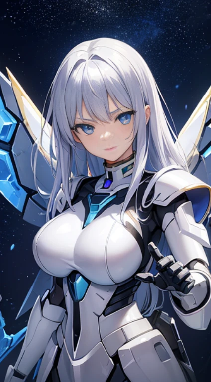((masterpiece)), ((highest quality)), (ultra high resolution), super detailed illustrations, highly detailed face, Raw photo, Professional, Ultra-fine painting, fine metal texture, fine cloth texture, sexy, genuine, (alone), ((Mecha Angel Dressed Woman)), beautiful breasts, concept art, (battle pose), detailed fantasy art, (silver hair), ((Has large sapphire blue mecha wings。)), (detailed beautiful eyes:1.6), (robot:1.2)Sleek and menacing design, (action pose), (Pearl white and sapphire blue Hi-ν Gundam Marshall armor dress), starry sky, perfect anatomy