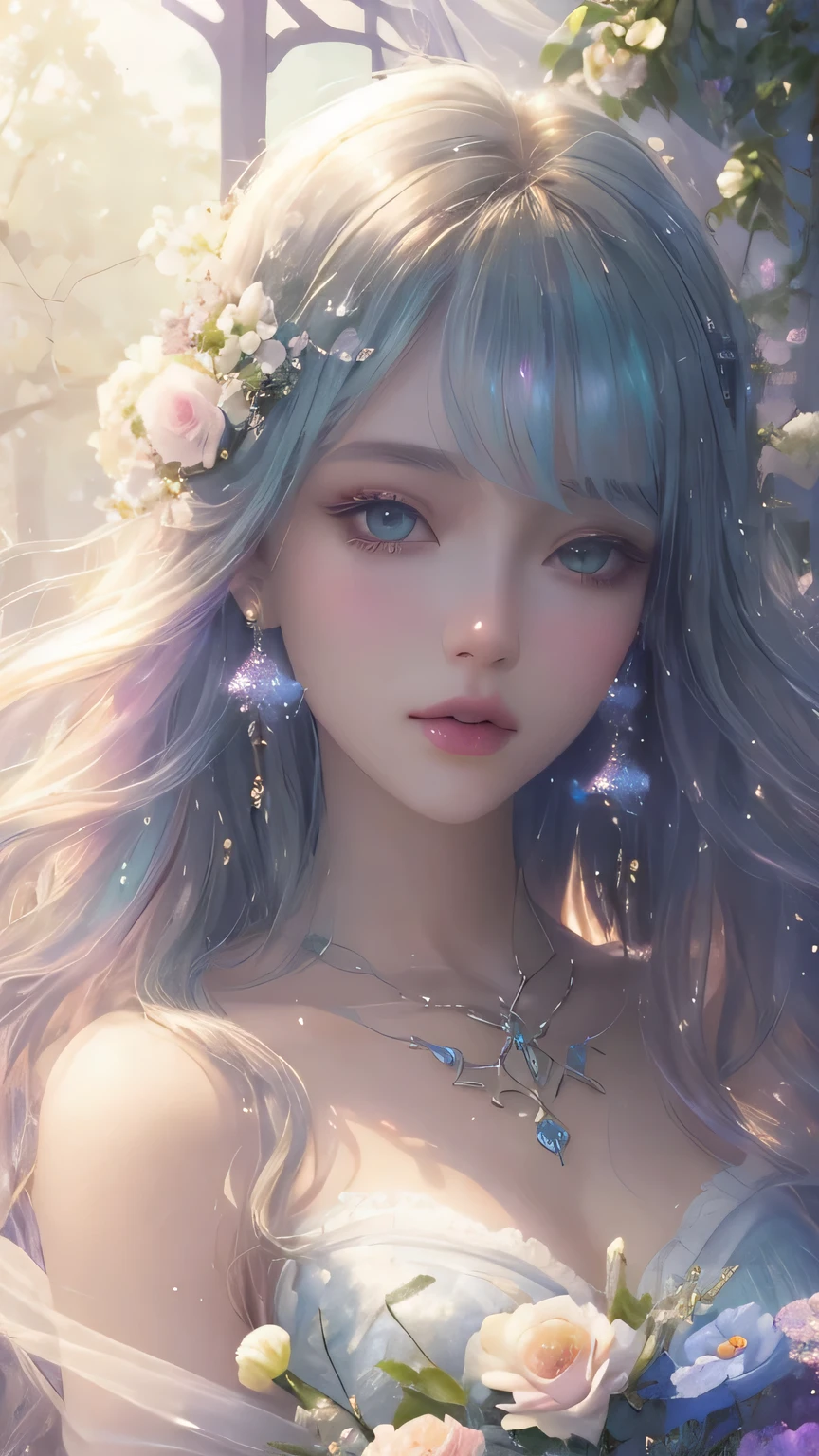 (high quality, 8K), (soft light), iridescent, a girl, Detailed face, narrow eyes, watercolor paiting, So magical and dreamy, Dreamy and detailed, dreamy atmosphereとドラマ, gorgeous atmosphere, dreamy beautiful lights, dreamy atmosphere, beautiful atmosphere, dreamy and romantic, Dreamy fantasy theme, magical atmosphere, beautiful atmosphere, anime background art, magical atmosphere + on the table, Dreamy aesthetics, Exquisite details and grandeur, many flowers, bubble, water, garden