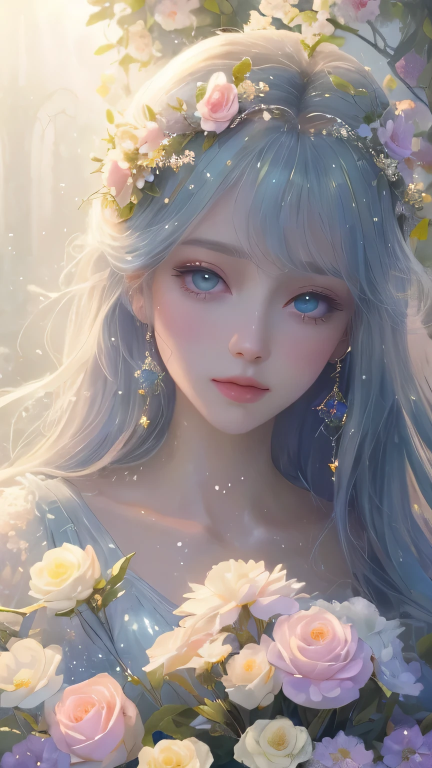 (high quality, 8K), (soft light), iridescent, a girl, Detailed face, narrow eyes, watercolor paiting,  So magical and dreamy, Dreamy and detailed, dreamy atmosphereとドラマ, gorgeous atmosphere, dreamy beautiful lights, dreamy atmosphere, beautiful atmosphere, dreamy and romantic, Dreamy fantasy theme, magical atmosphere, beautiful atmosphere, anime background art, magical atmosphere + on the table, Dreamy aesthetics, Exquisite details and grandeur, many flowers, bubble, water, garden