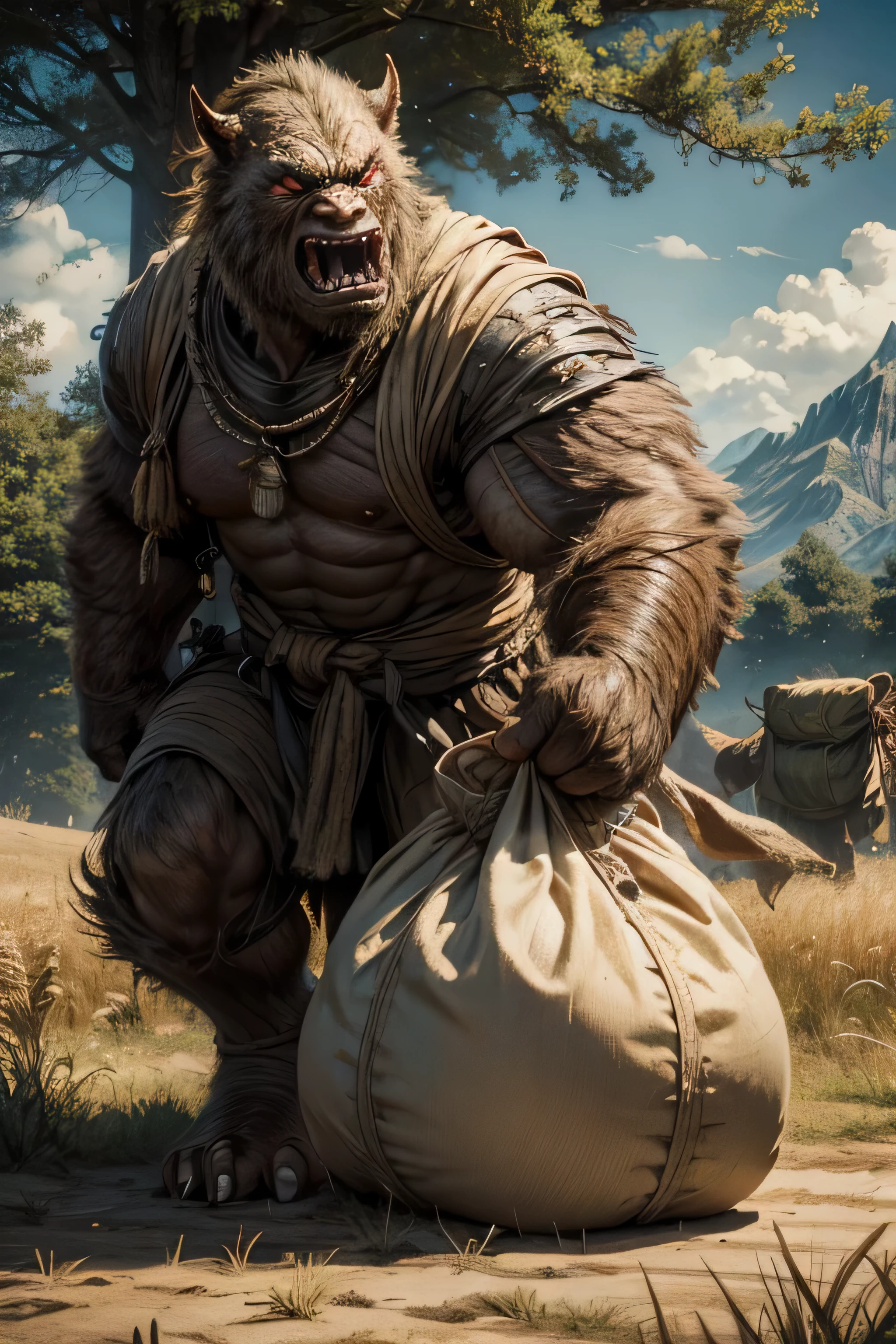 (incredible detail, textures and maximum detail), (hyper realistic:1.4), Big brown calm orc like creature bigger than trees, calm face, dragging a big sack, holding huge old sack, sack bigger then monster, old field background
