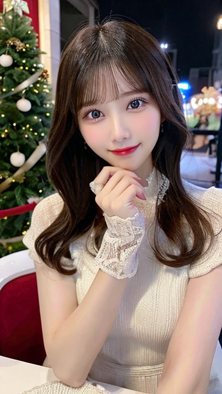 table top, highest quality, figure, Super detailed, finely, High resolution, 8k wallpaper, ダイナミックな構figure, detailed and beautiful eyes, Very gorgeous and elegant luxury dress winter clothes,medium hair,small breasts natural color lip, bold sexy pose,smile、20 year old girl、cute、sexy shot looking at camera,midnight,beautiful and detailed face,Elegant face,perfect and beautiful face,Slim your face and body,blur the background,A bright and colorful Christmas venue