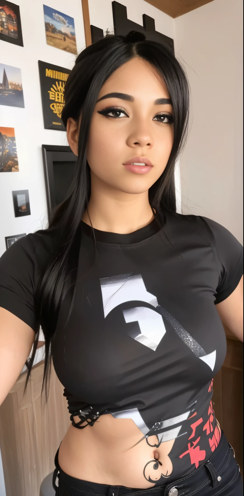 fit woman in black shirt and jeans posing for a photo, young beautiful amoranto, vestindo uma camiseta, com cabelo preto, better known as amoranto, vestindo camiseta preta, she is facing the camera, vestindo camisa, vista do busto, amoranto, vestindo uma camisa, em camiseta, vestindo uma camiseta preta