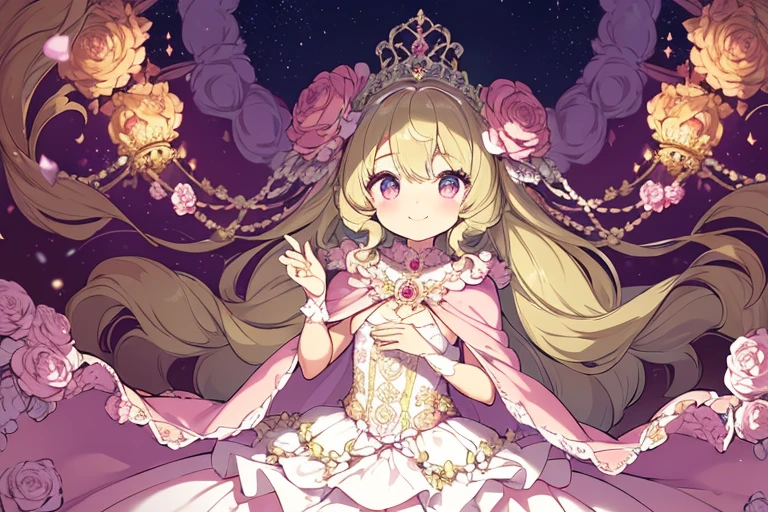 (kawaii),(best quality),(ultra detailed), upper body,(rococo style),(long train pastel pink cape:1.15), very long cape,(long train white ball gown with flower decorations), a girl is wearing a cape over her gown, 1 little princess, tiara, smile, small breasts, very long hair