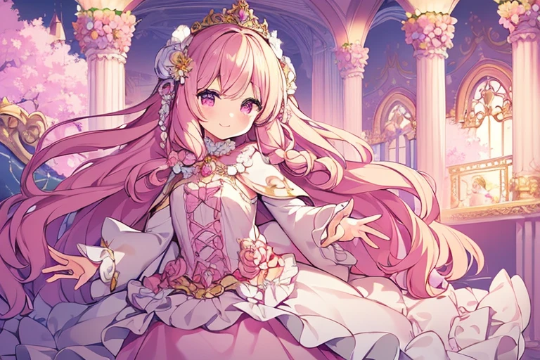 (kawaii),(best quality),(ultra detailed), upper body,(rococo style),(long train pastel pink cape:1.15), very long cape,(long train white ball gown with flower decorations), a girl is wearing a cape over her gown, 1 little princess, tiara, smile, small breasts, very long hair
