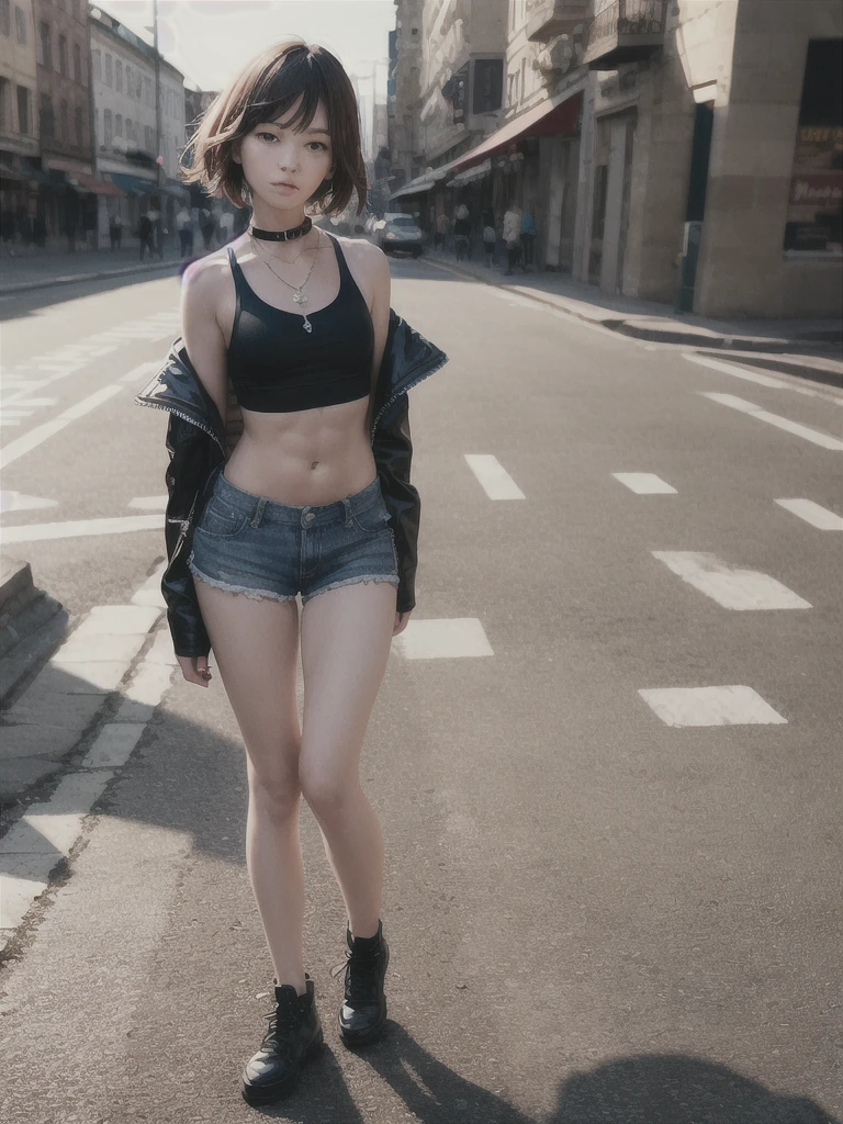 ((medium breast, tomboy girls, small head)), daylight, sunlight, (chiseled abs : 1.1), (perfect body : 1.1), (short wavy hair : 1.2) , auburn hair, collar, chain, full body shot, crowded street, wearing black tanktop, jeans jacket, ((shorts)), (extremely detailed CG 8k wallpaper), (an extremely delicate and beautiful), (masterpiece), (best quality:1.0), (ultra highres:1.0),  beautiful lighting ,perfect lightning, realistic shadows, [highres], detailed skin, ultra-detailed 