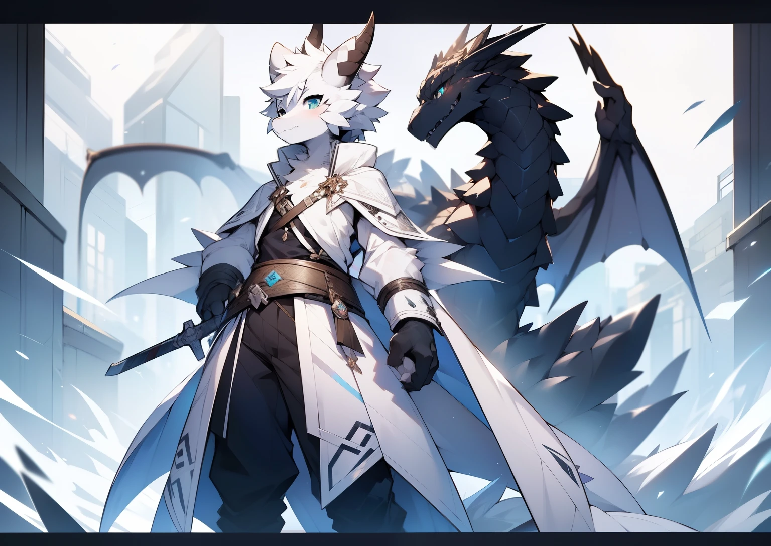dark black dragon,white belly、hand(เหhandนถุงhandสีขาว),dark black wings,dark black tail,Turquoise eyes。wearing a white coat,He had a short sword at his waist.