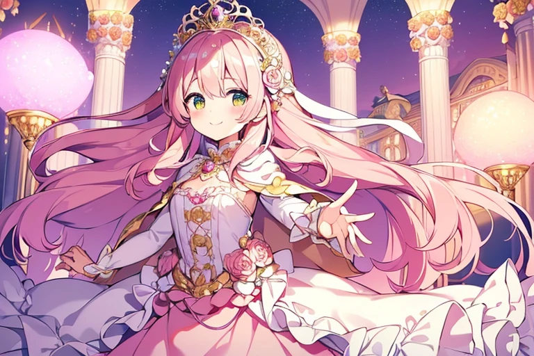 (best quality),(rococo style),(long train pastel pink cape:1.15), very long cape,(long train white ball gown with flower decorations:1.1), a girl is wearing a cape over her gown, 1 little princess, tiara, smile, very long hair, small breasts, looking at viewer