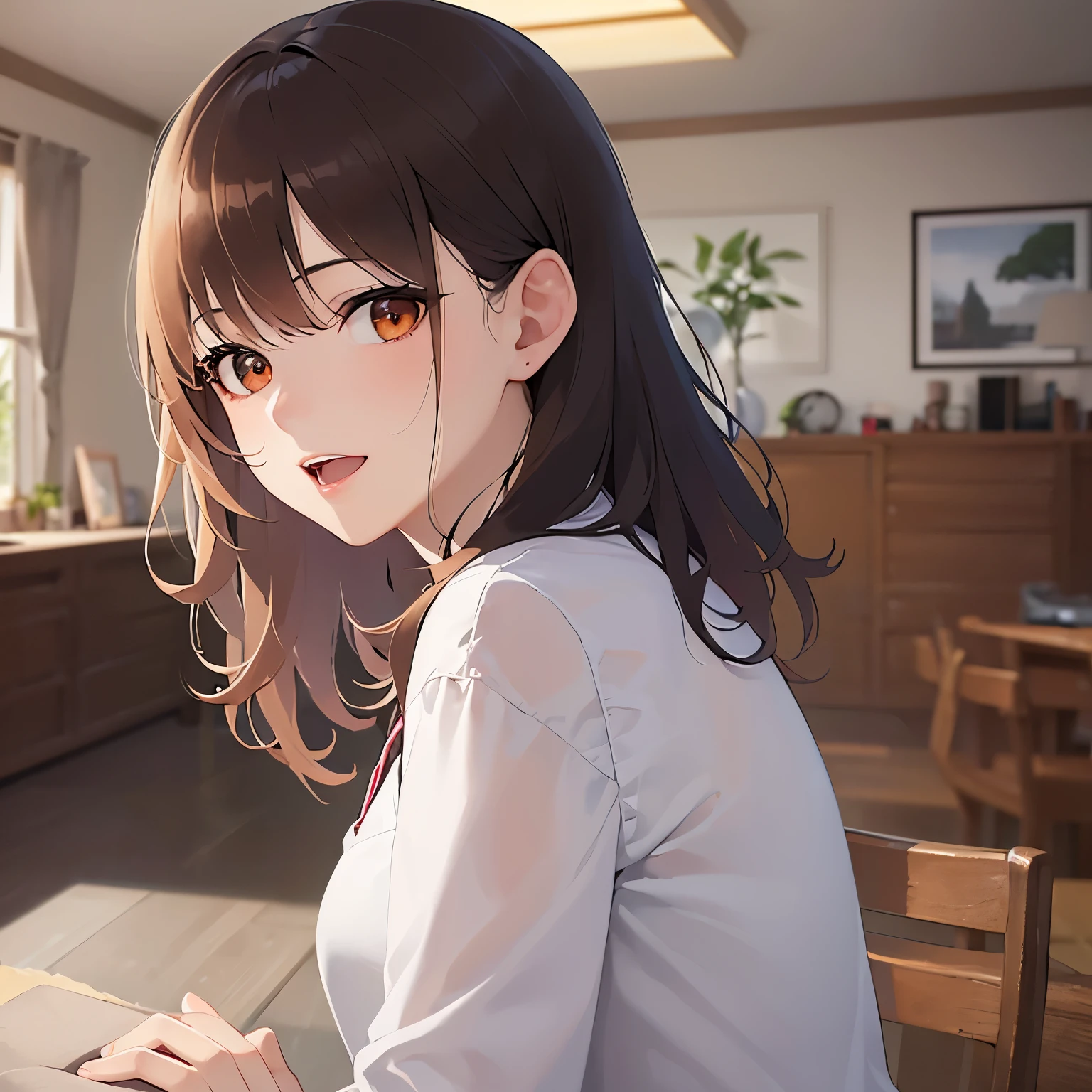 side angle, (Placing hand on cheek:1.2)、Biologically correct five fingers、 Upper Body, Realistic, real person, (pale skin: 1.2), RAW photo, photorealistic, portrait photography, shiny skin, japanese idol、shiny hair、(25 year old woman with medium hair with bangs) and (wavy hair) and (brown hair) and (orange eyes) , plain white t-shirt 、smile, open mouth, The background is the living room、Alone、Are standing