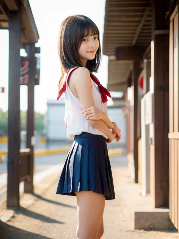 ((masterpiece)), 8K, highest quality, 1 girl, alone, beautiful face, gentle expression, realistic, cute, completely naked, A short navy blue skirt reveals her panties, Crimson Ribbon, (Japanese high school girl) , smile, ((looking at camera)), angle from below、shoulder length hair, hair blowing in the wind, (full body),