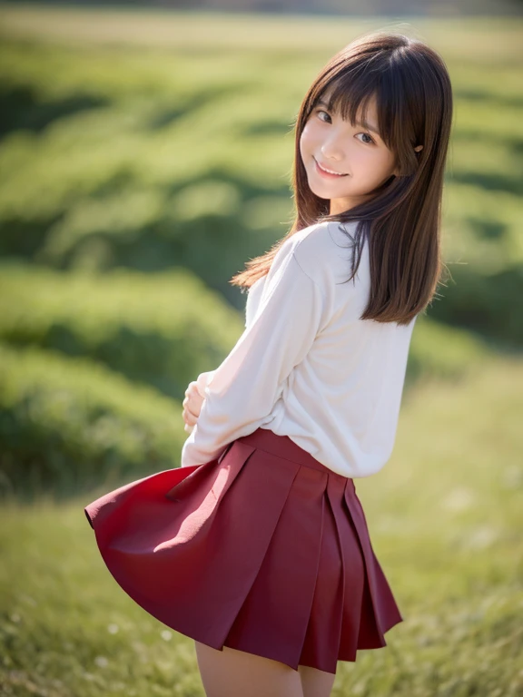 ((masterpiece)), 8K, highest quality, 1 girl, alone, beautiful face, gentle expression, realistic, cute, completely naked, A short navy blue skirt reveals her panties, Crimson Ribbon, (Japanese high school girl) , smile, ((looking at camera)), angle from below、shoulder length hair, hair blowing in the wind, (full body),