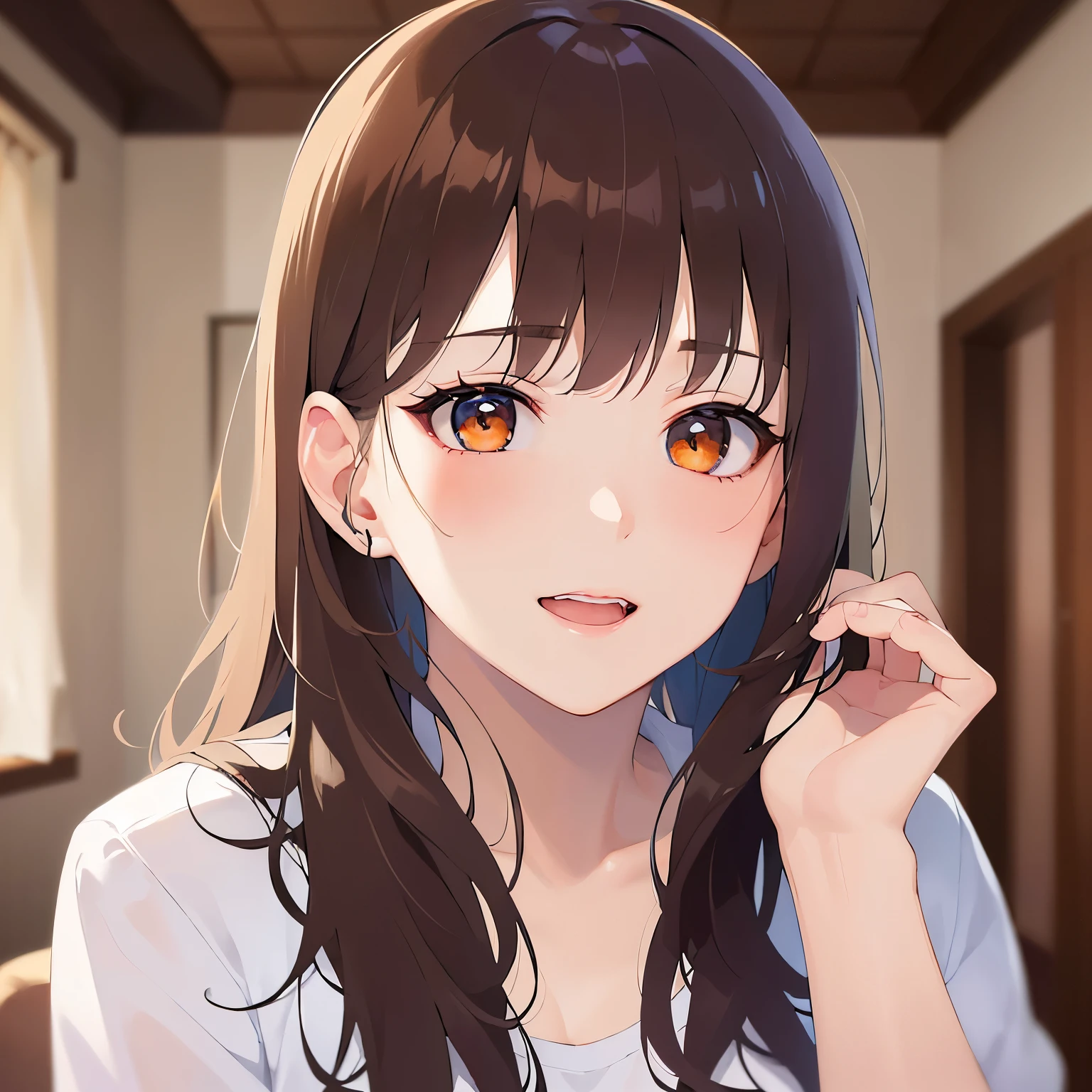 side angle, (Placing hand on cheek:1.2)、Biologically correct five fingers、 Upper Body, Realistic, real person, (pale skin: 1.2), RAW photo, photorealistic, portrait photography, shiny skin, japanese idol、shiny hair、(25 year old woman with medium hair with bangs) and (wavy hair) and (brown hair) and (orange eyes) , plain white t-shirt 、smile, open mouth, The background is the living room、Alone、Are standing