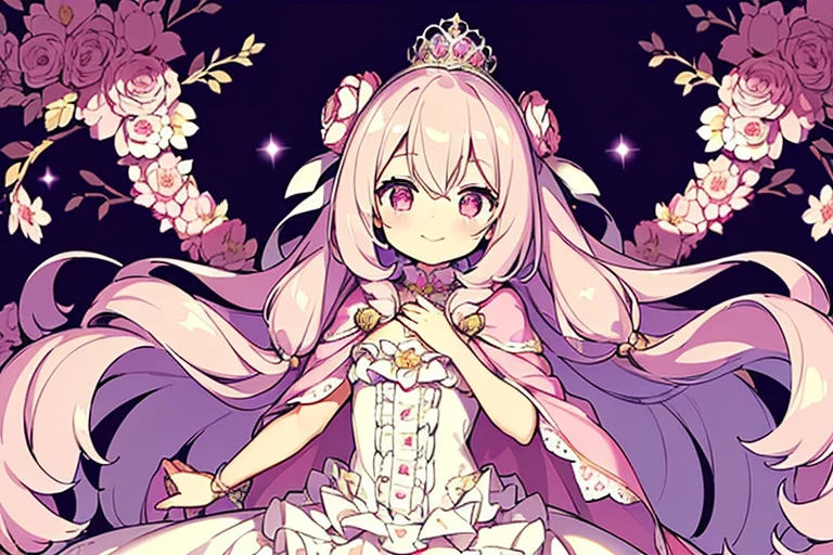 (kawaii),(best quality),(ultra detailed), upper body,(rococo style),(long train pastel pink cape:1.15), very long cape,(long train white ball gown with flower decorations), a girl is wearing a cape over her gown, 1 little princess, tiara, smile, small breasts, very long hair