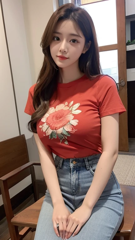 light red thin flower pattern T-shirt , long Jeans pants , medium breast, long hair