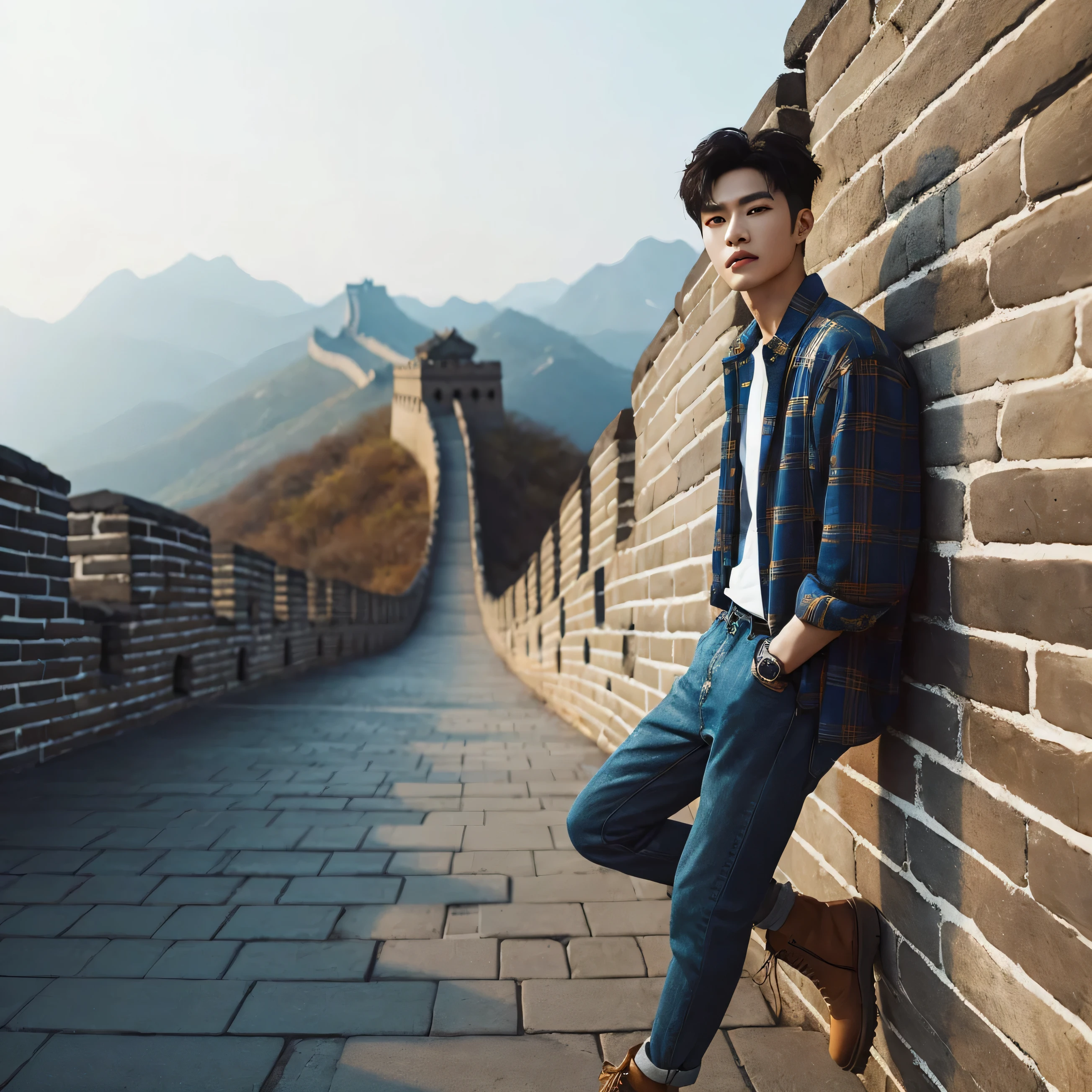 arafed man leaning against a wall with a mountain in the background, great wall, cai xukun, leaning on the wall, inspired by Huang Gongwang, park jimin, jimin, the great wall, inspired by Zhang Han, inspired by Pan Tianshou, inspired by Song Maojin, justin sun, leaning against the wall, high quality portrait