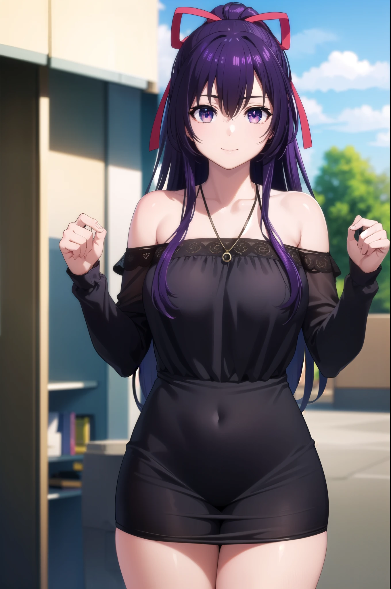 tohkayatogami, tohka yatogami casual, long hair, purple hair, alluringly smile, one piece dress, black dress, plain black, tight dress, cold shoulder, off shoulder, see through, long sleeves, extra fabric at wrist, necklace, ribbon , (purple eyes:1.1), hair ribbon, ponytail, purple hair, white ribbon,g cup breasts, plump butt, at home, in living room, seducing pose
BREAK ,
BREAK outdoors, city, people, crowd, sky, clouds, sun, blue sky,
BREAK looking at viewer, (cowboy shot:1.5),
BREAK (masterpiece:1.2), best quality, high resolution, unity 8k wallpaper, (illustration:0.8), (beautiful detailed eyes:1.6), extremely detailed face, perfect lighting, extremely detailed CG, (perfect hands, perfect anatomy),