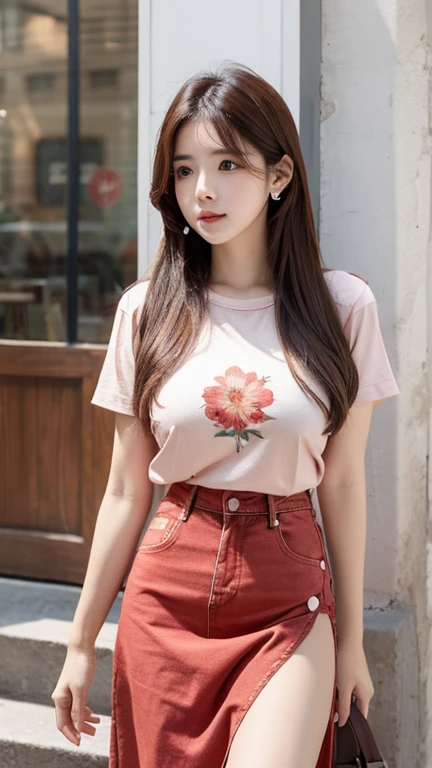 light red thin flower pattern T-shirt , big breast , long hair , Jeans skirt