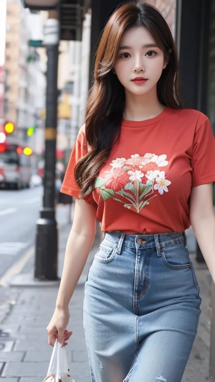 light red thin flower pattern T-shirt , big breast , long hair , Jeans skirt