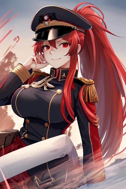 solving the absurd,High resolution,Masterpiece 1.4,super beautiful,8 life size,Second World War,Wearing German military uniform,red eyes,red long hair,ponytail,big breasts,clear eyes,solving the absurd,High resolution,Masterpiece 1.4,super beautiful,Wearing a military cap,body hidden by clothes,8 life size,get closer to the camera,red eyes,red long hair,ponytail,big breasts,gentle smile,battlefield background,