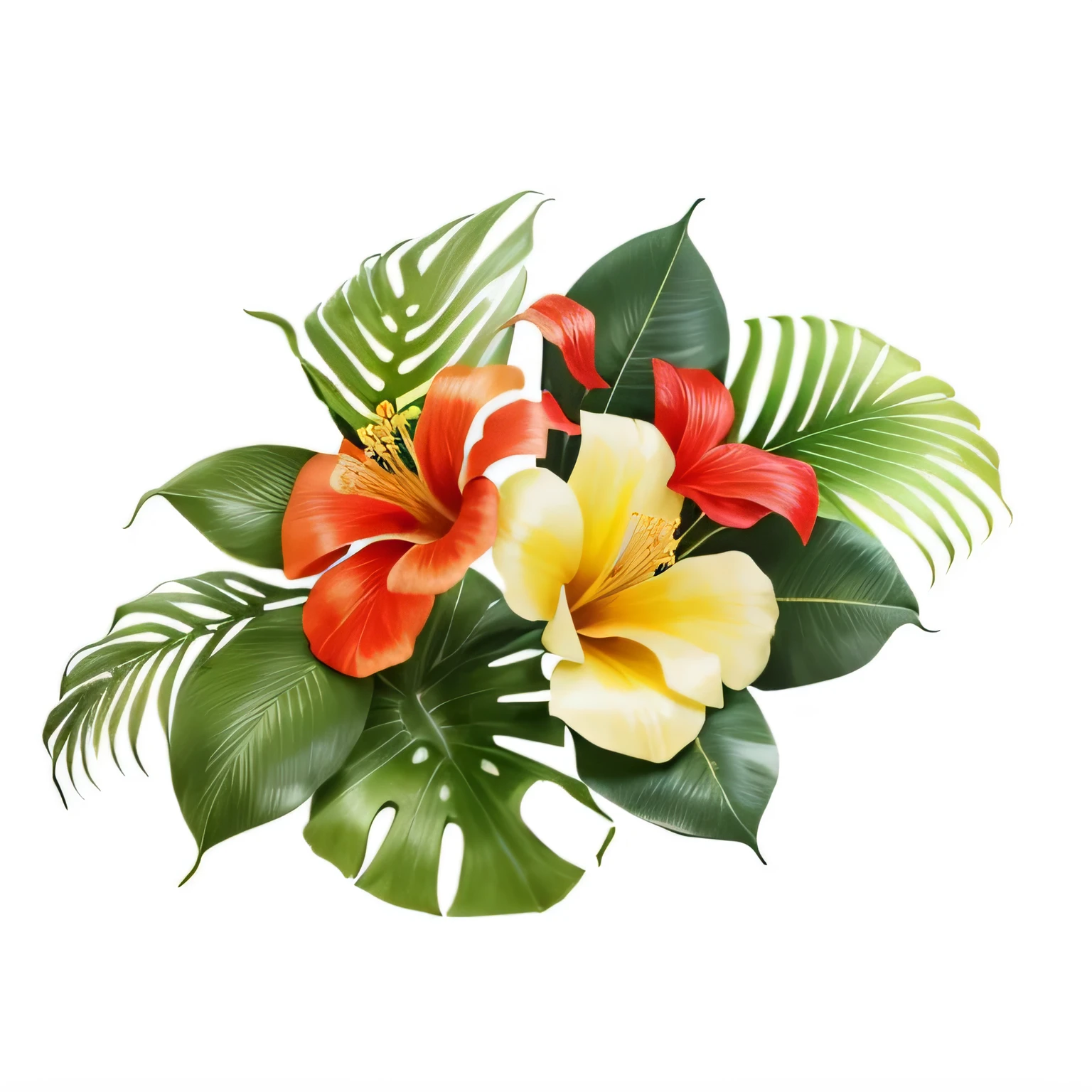 Two flowers and two leaves on a white background, tropical flowers, tropical flower plants, blooming tropical flowers, Made from flowers and leaves, tropical plants and flowers, beautiful tropical flowers, tropical plants, subtropical flowers and plants, Hibiscus, flowers and leaves, tropical leaves, With colorful flowers and plants, big exotic flowers, colorful tropical plants, tropical