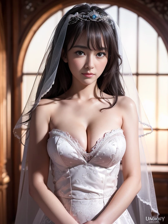 Highly detailed CG Unity 8k wallpaper, top quality, super detailed, masterpiece, realistic, photorealistic, highly detailed cute girl, (25 years old), blush, round eyes, small breasts, viewer, semi-body shot, white wedding dress, cleavage, veil