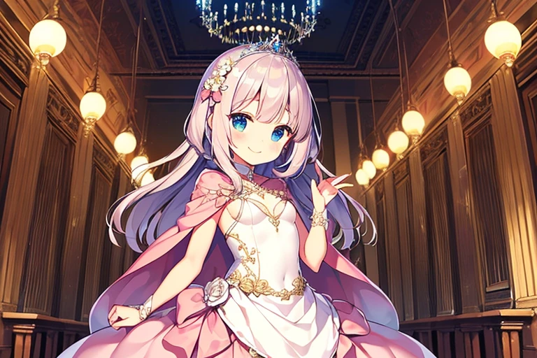 (kawaii),(best quality),(ultra detailed), upper body,(rococo style),(long train pastel pink cape:1.15), very long cape,(long train white ball gown with flower decorations), a girl is wearing a cape over her gown, 1 little princess, tiara, smile, small breasts, very long hair