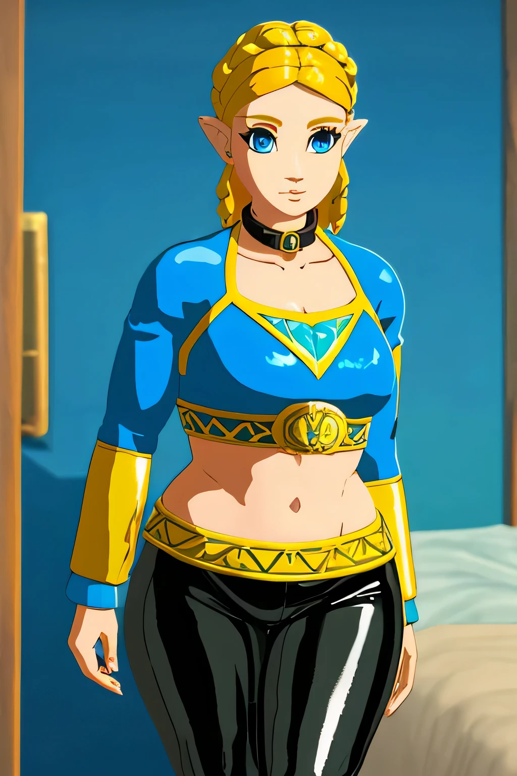 A tall older woman with a big chest and yellow hair behind a Mencho braids her ear. Bright blue eyes with big eyelashes. She wears a blue long-sleeved top and shows her sexy navel and her black latex rubber pants and wears a gold collar.