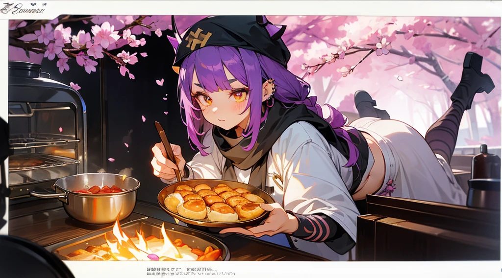 girl、Inner color mesh purple、two tone hairstyle、Scarf、Thunder properties、golden eyes、evil eye、horn、My eyes are sparkling、ear piercing、bellflower flower、belly button、ingredientake a meal、camper、Spring Cap、camp、Cherry Blossom、nature、bonfire、Meat potato、sunny、frying pan、pot、toast、oven、Alchemist
