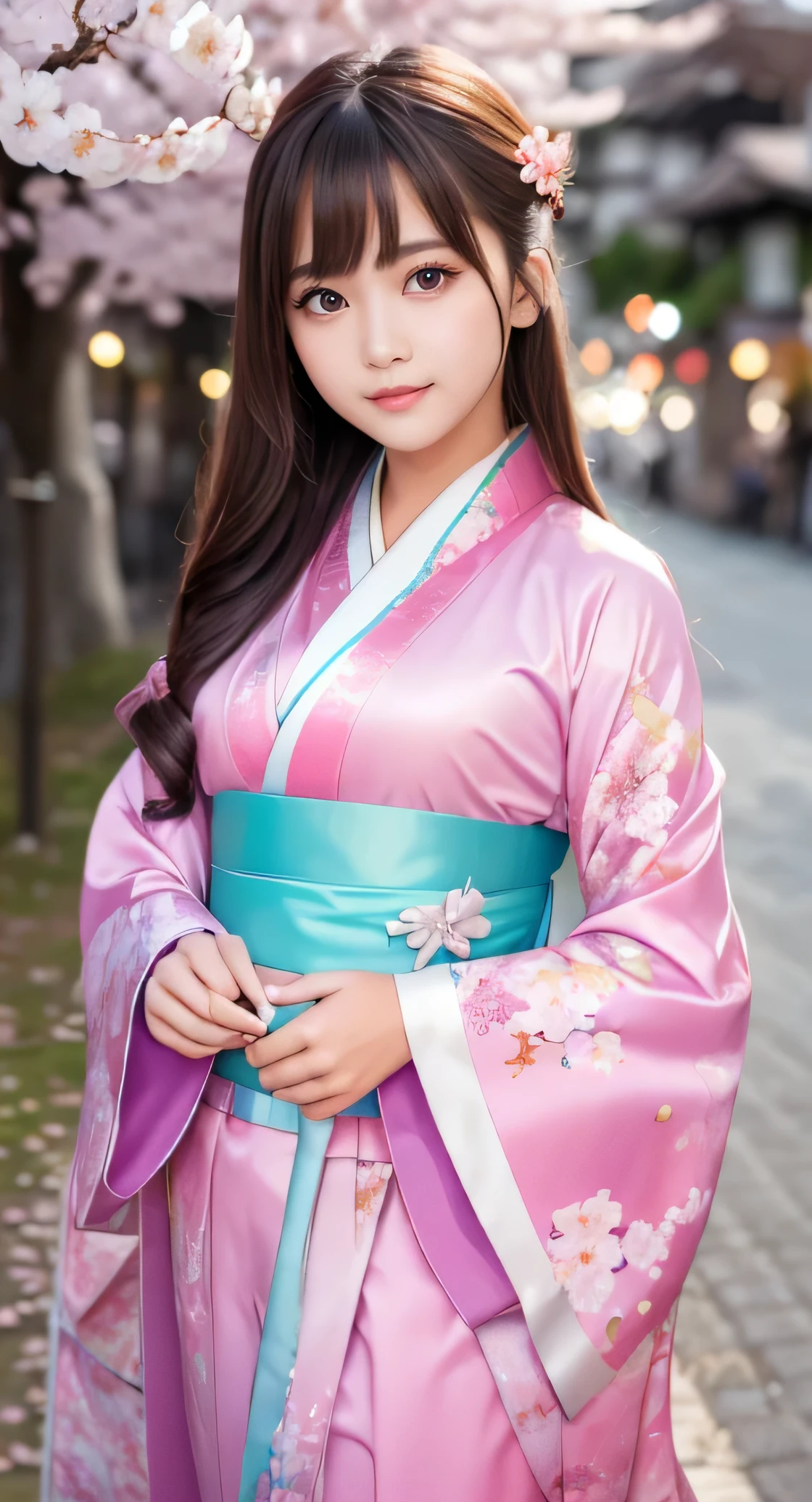 Angelic very beautiful cute young girl,
Beautiful detailed eyes, (12 yo:1.3),
Detailed double eyelids,
(Soft Saturation: 1.3),
(Fair skin: 1.3),v-line jaw,
(Large eyes:1.4),
Long straight brown hair,
see-through bangs,
Sharp Focus,
beautiful detailed face and eyes,
drooping eyes,
small straight nose,
small mouth,
happy smiling with visible teeth, 85mm lens, F/8.0,BREAK (Super gorgeous flashy colored long sleeves kimono:1.5), (beautiful cherry blossom pattern furisode:1.3) , Walking,Brown hair ,(Costumes with strong reflective surfaces:1.3),
(Best Quality:1.2),
Raw photo,
High resolution,
perfect detail,
Professional Photography,
Professional Lighting,
Powerful lighting of the costume,In the street