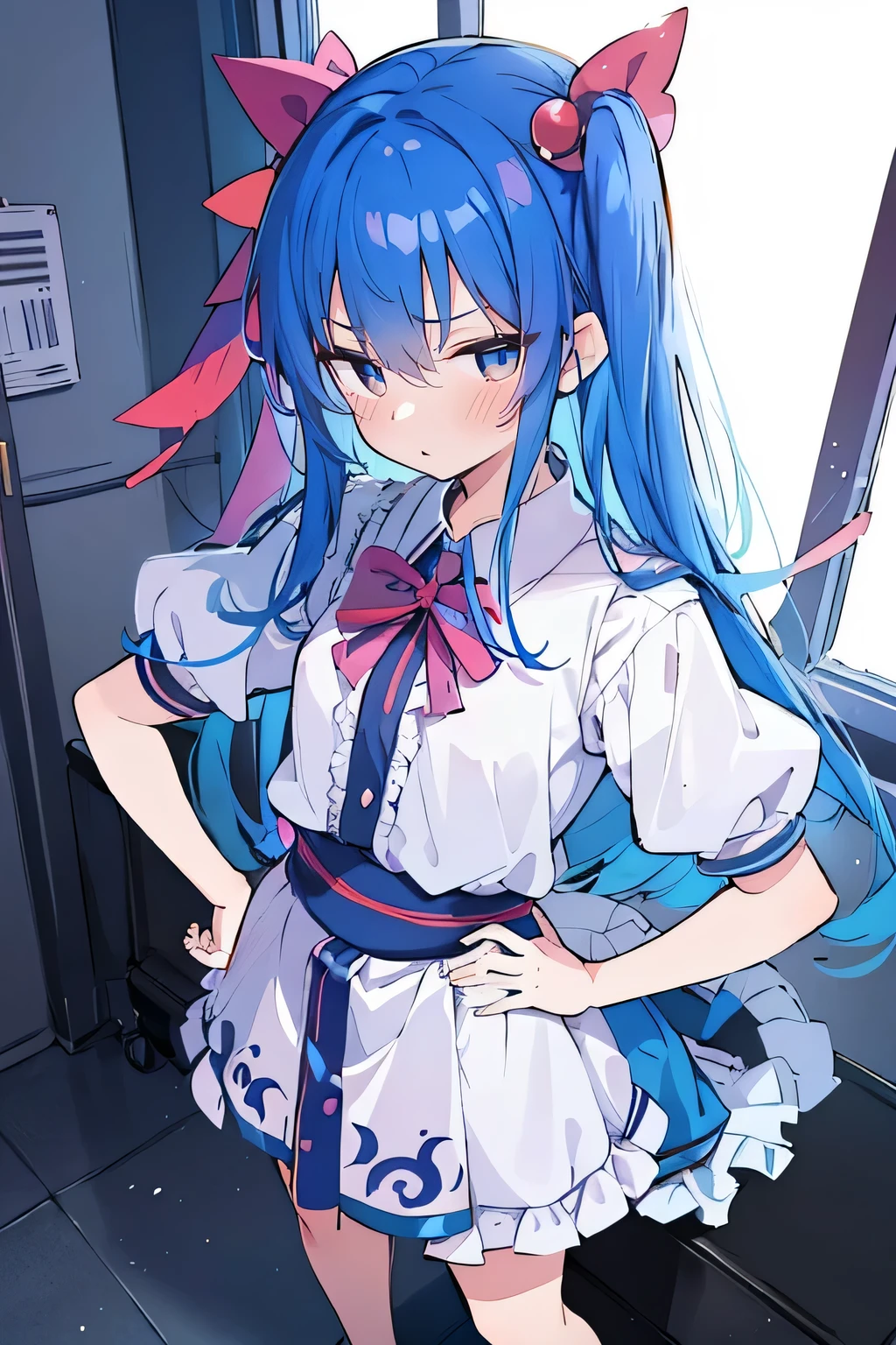 (masterpiece),best quality, expressive eyes, perfect face, 1girl,
Put your hands on your waist,fair, Gorgeous,Japanese cartoons,girl,lola,Hina Angel, blue hair, blue haired, floating clothes,Grab your waist, Grab your waist, hands on hips , hands on hips,sit, sit on ground, Legs on the ground, flat chest