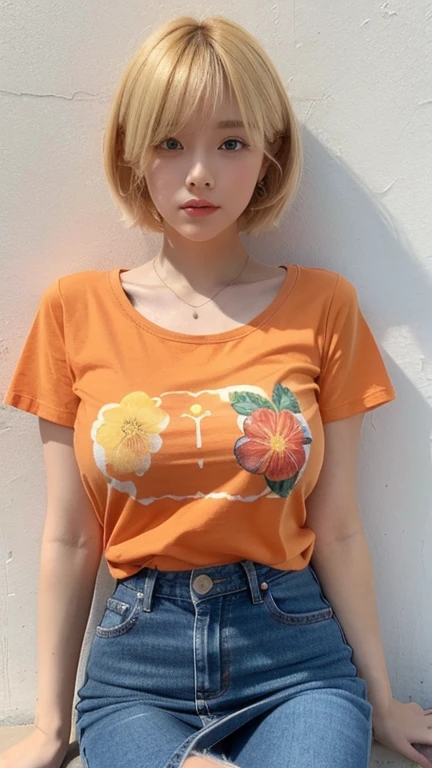 orange thin flower pattern T-shirt , big breast , Jeans skirt, blonde hair , short hair