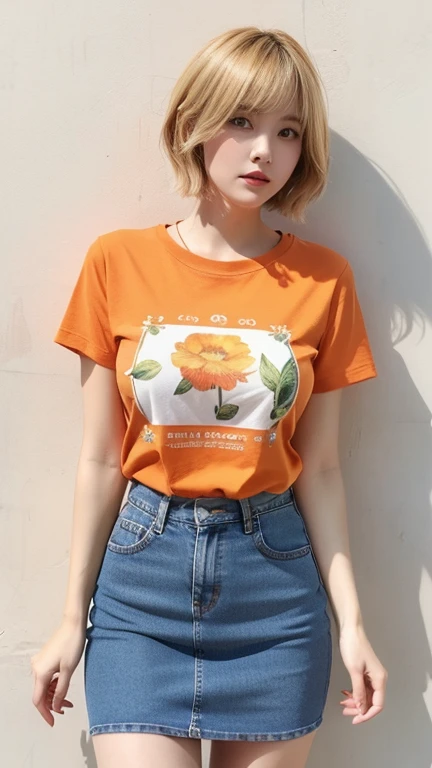 orange thin flower pattern T-shirt , big breast , Jeans skirt, blonde hair , short hair