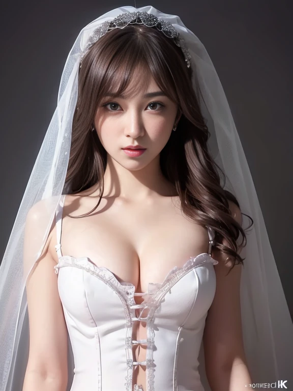 Highly detailed CG Unity 8k wallpaper, top quality, super detailed, masterpiece, realistic, photorealistic, highly detailed cute girl, (25 years old), blush, round eyes, small breasts, viewer, semi-body shot, white wedding dress, cleavage, veil