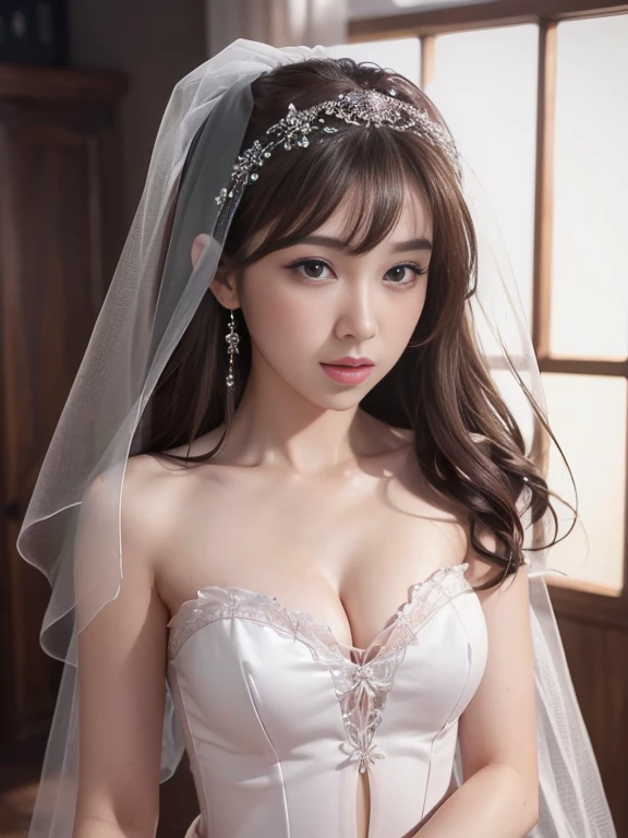 Highly detailed CG Unity 8k wallpaper, top quality, super detailed, masterpiece, realistic, photorealistic, highly detailed cute girl, (25 years old), blush, round eyes, small breasts, viewer, semi-body shot, white wedding dress, cleavage, veil