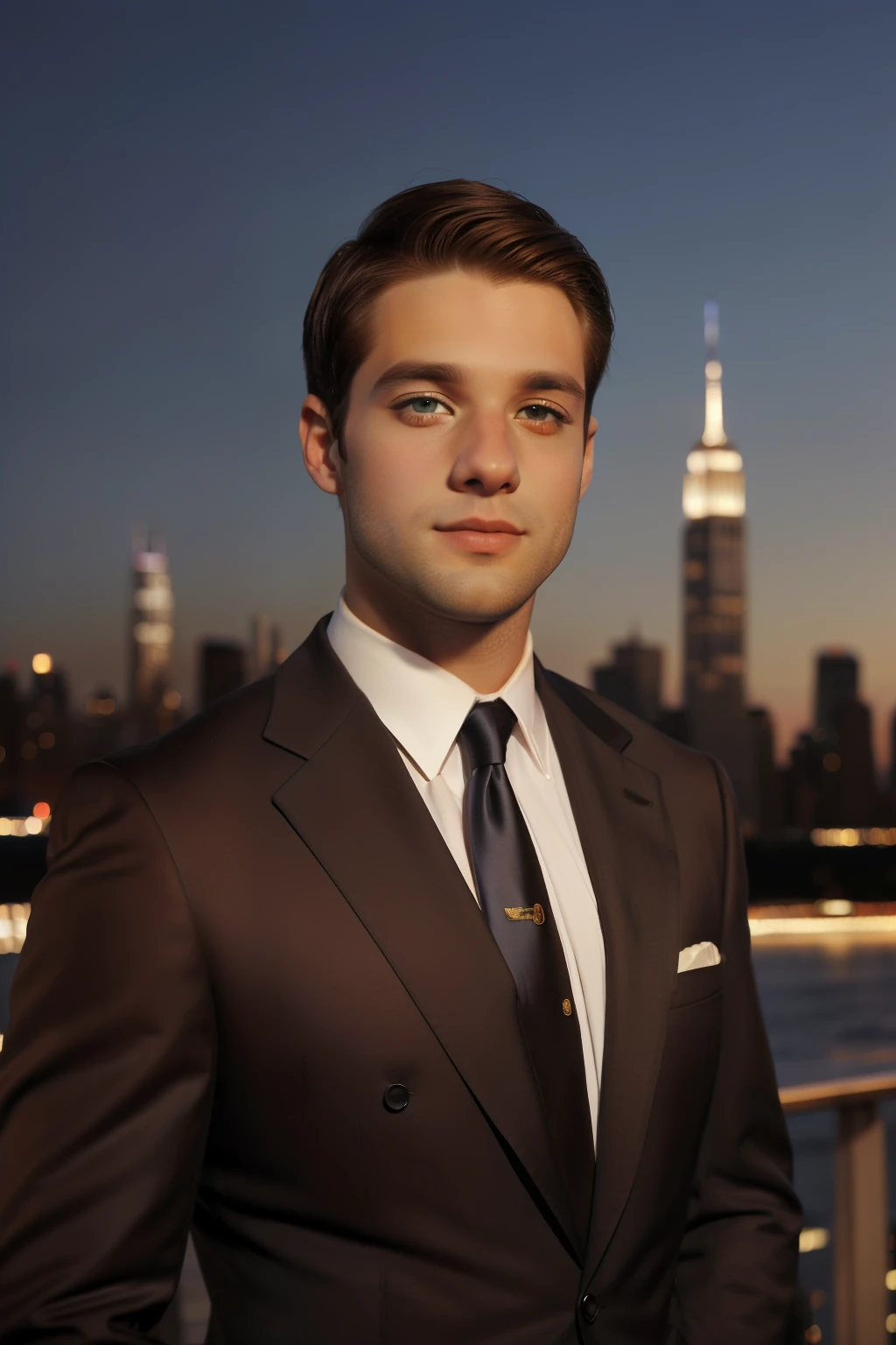 New York, 2014. A young ((((30-year-old)) Hank Mitchell)), tall, sturdy, square jawline, short beard, piercing blue eyes, instrospective. Full body. New York skyline in the background. ((((elegant gala clothings from the 2010s)))), ((chestnut hairstyle of the 2010s))