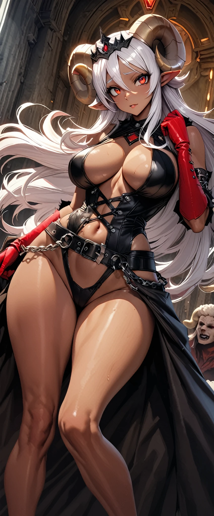 masterpiece, highest quality, High resolution, 8K, Extremely detailed CG unified 8k wallpaper, shiny skin, realistic skin texture, (huge stunning goddess shot, very hot and sexy, jaw-dropping beauty, perfect proportions, beautiful body, slim body beauty:1.4), Empress of the Underworld, (White hair, Brown skin, curled horns like a sheep, Large eyes, long ears, black tiara on head, red eyes:1.5), watching to the camera, beautiful, red leather gloves, gloved hands, (Wearing a black corset and a black gothic dress on bare skin), (I stand with legs open:1.5), perfect face, edgy punk accents, such as leather gloves, leather harness, leather straps, spikes, and chains, perfect anatomy, Throne room in the underground temple,