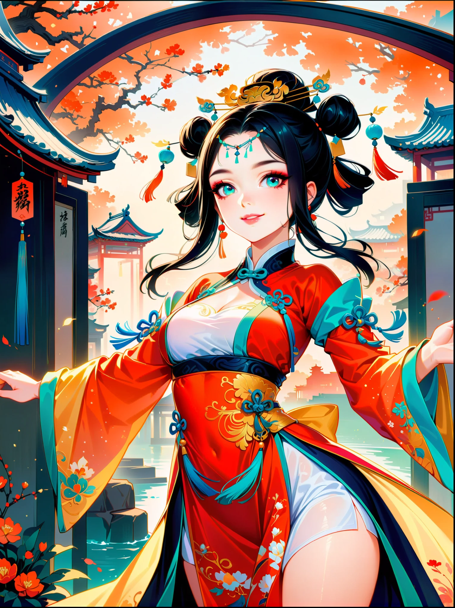 ((close shot)),Works of Chinese style ink masters,Princess of China,Yang Guifei,Tang Dynasty Hanfu,Skirt,Chinese garden,dance,Smile,Brilliant colors,Star-sparkled,gorgeous,Huafu,The ribbon flutters,Exquisite makeup,(first-person view, masterpiece, ccurate, anatomically correct, high details, best quality, 8k)