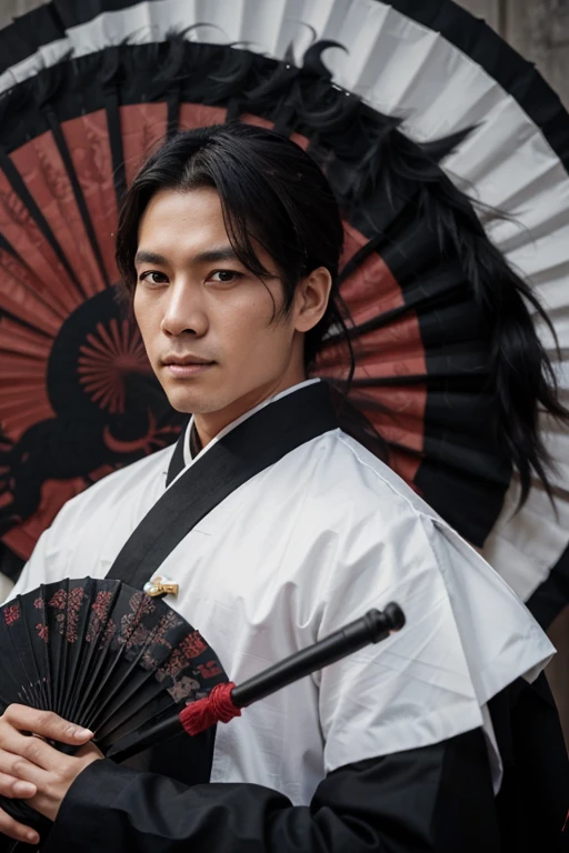 A man wearing a hanbok is holding a fan. A black dragon is depicted on the fan., I took a stance to practice Taoism.