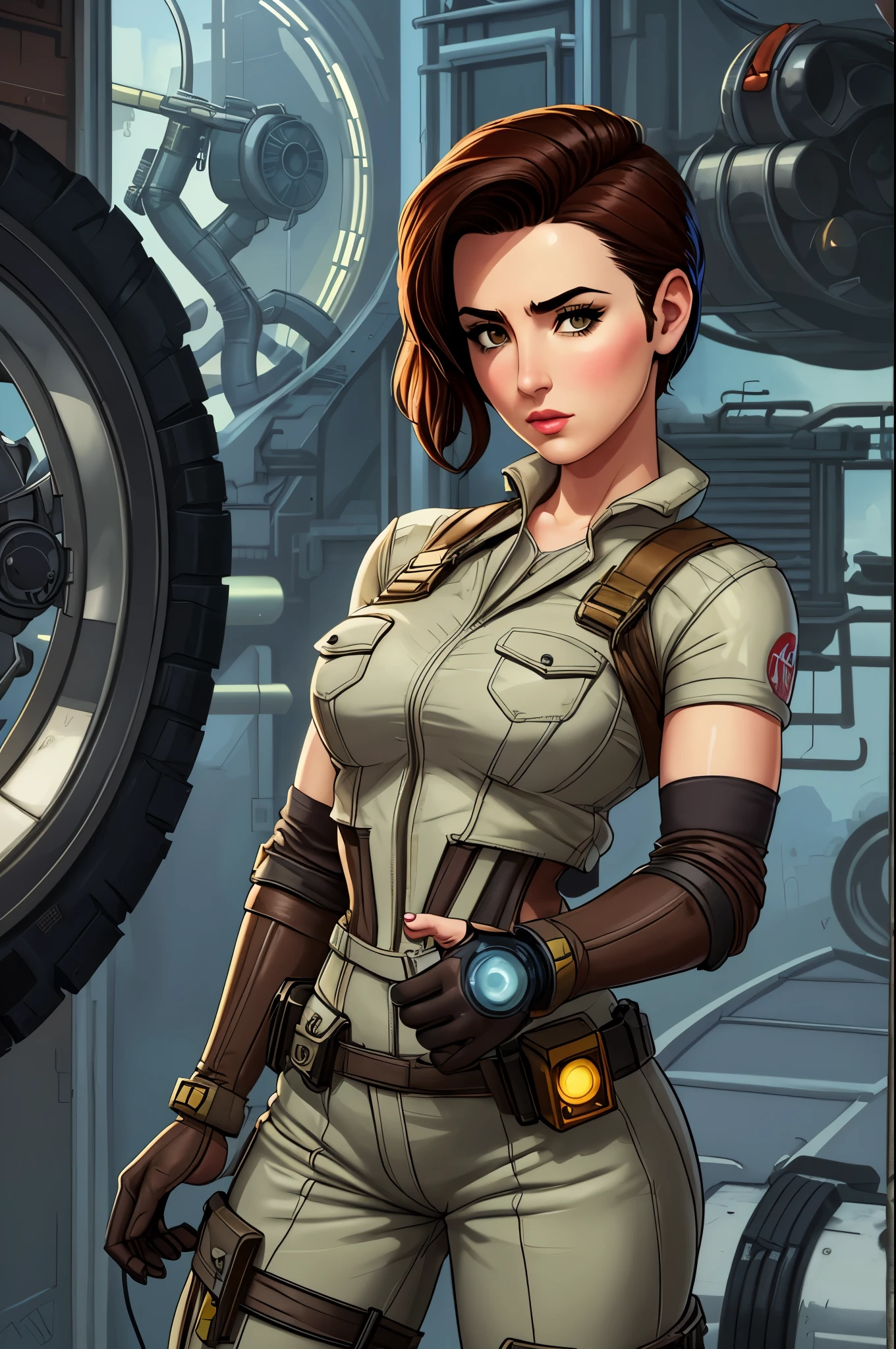Allison Scagliotti, gorgeous mechanic, atompunk, blank background, retro-futurism